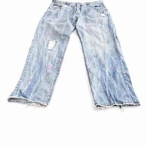 LRG Distressed Straight Leg Jeans Raw Hem Embroidery